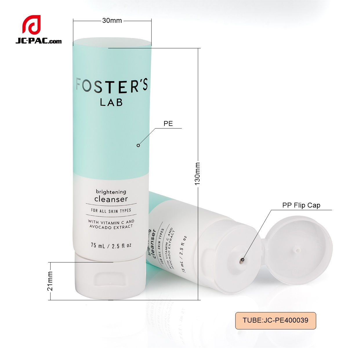 PE400039 Diameter 40mm Empty Cosmetics 75ml Face Cleanser Cream Tube, Custom White Color Cosmetic Tube Packaging with Flip Top Cap