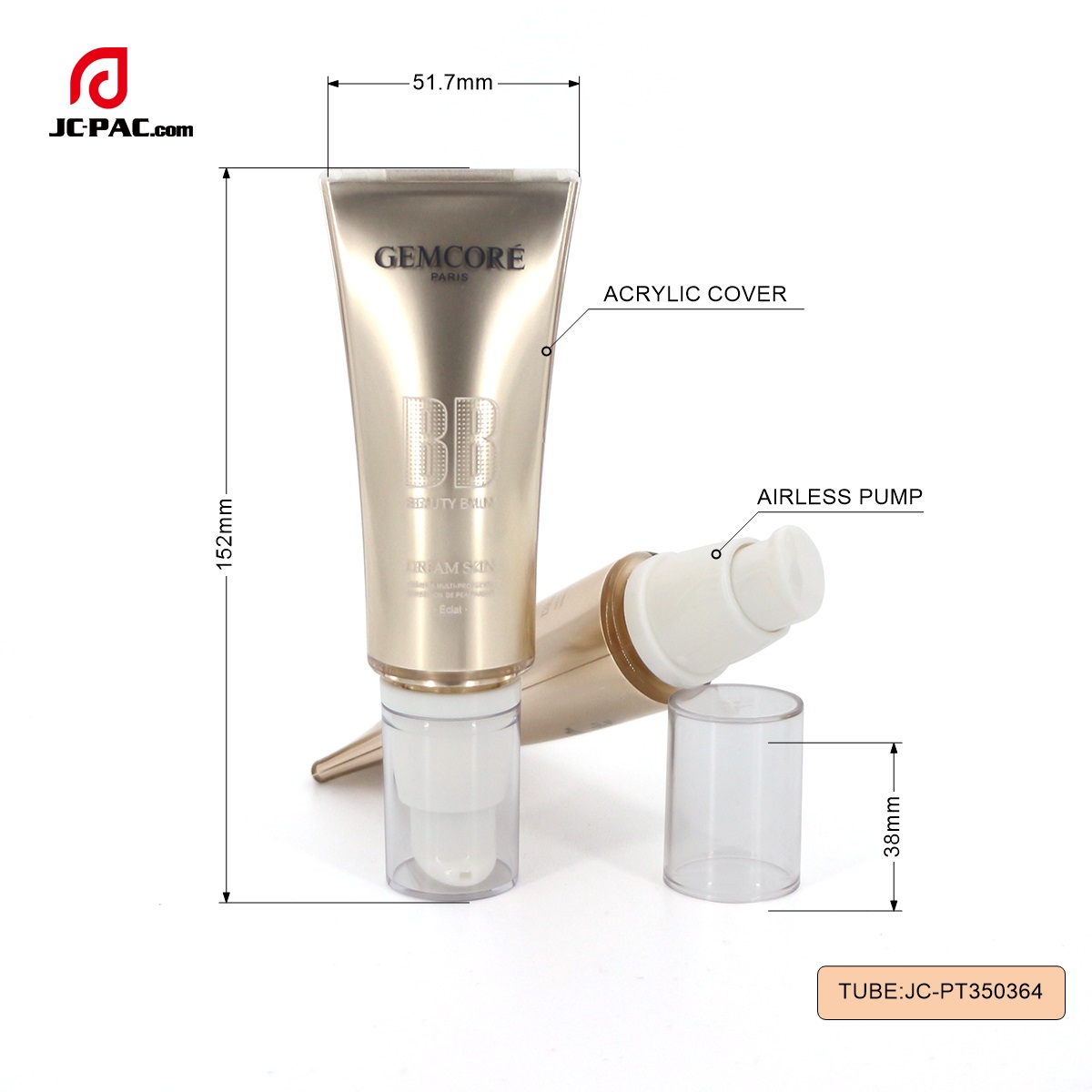 PT350364 Diameter 35mm 50ml Customized Gold Color Tube with PP Shell Cosmetic Airless PE Tube BB Cream Packaging