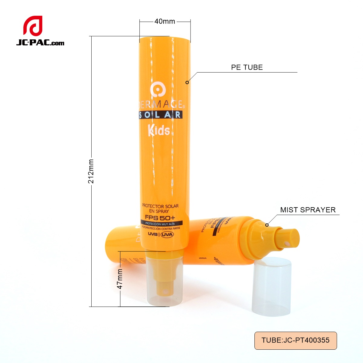 PT400355 Diameter 40mm 100ml Kids Sunscreen Tube Orange Color Packaging Cosmetics Airless Tube with Mist Spray Pump Hand Sanitizer Packaging