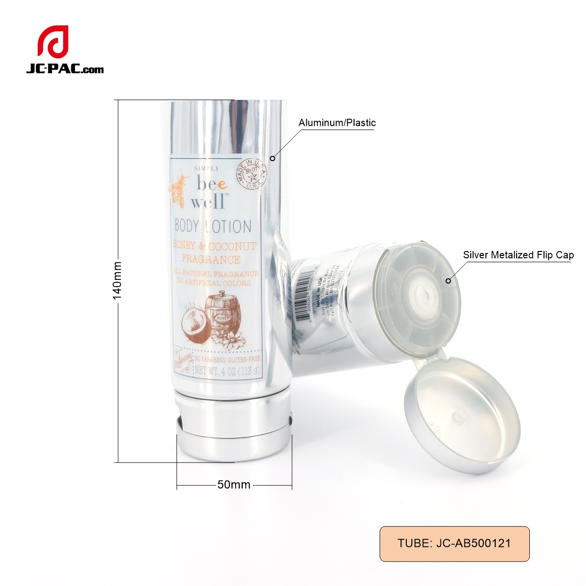 AB500121 200ml Silver Cosmetic Body Lotion Tube Package, Aluminum Plastic Tube , Cosmetic tube With Metallizing Cap
